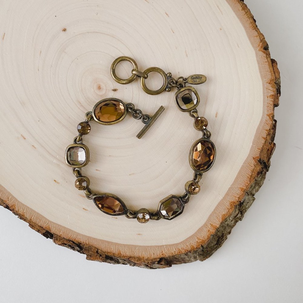 Cookie Lee Brass Tone Warm Brown Rhinestone Fall Autumn Link Chain Bracelet